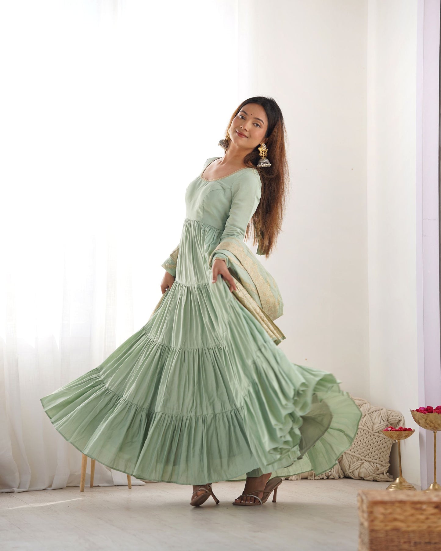 Latest Trendy Roman Silk Chanderi Pista Gown Collection.