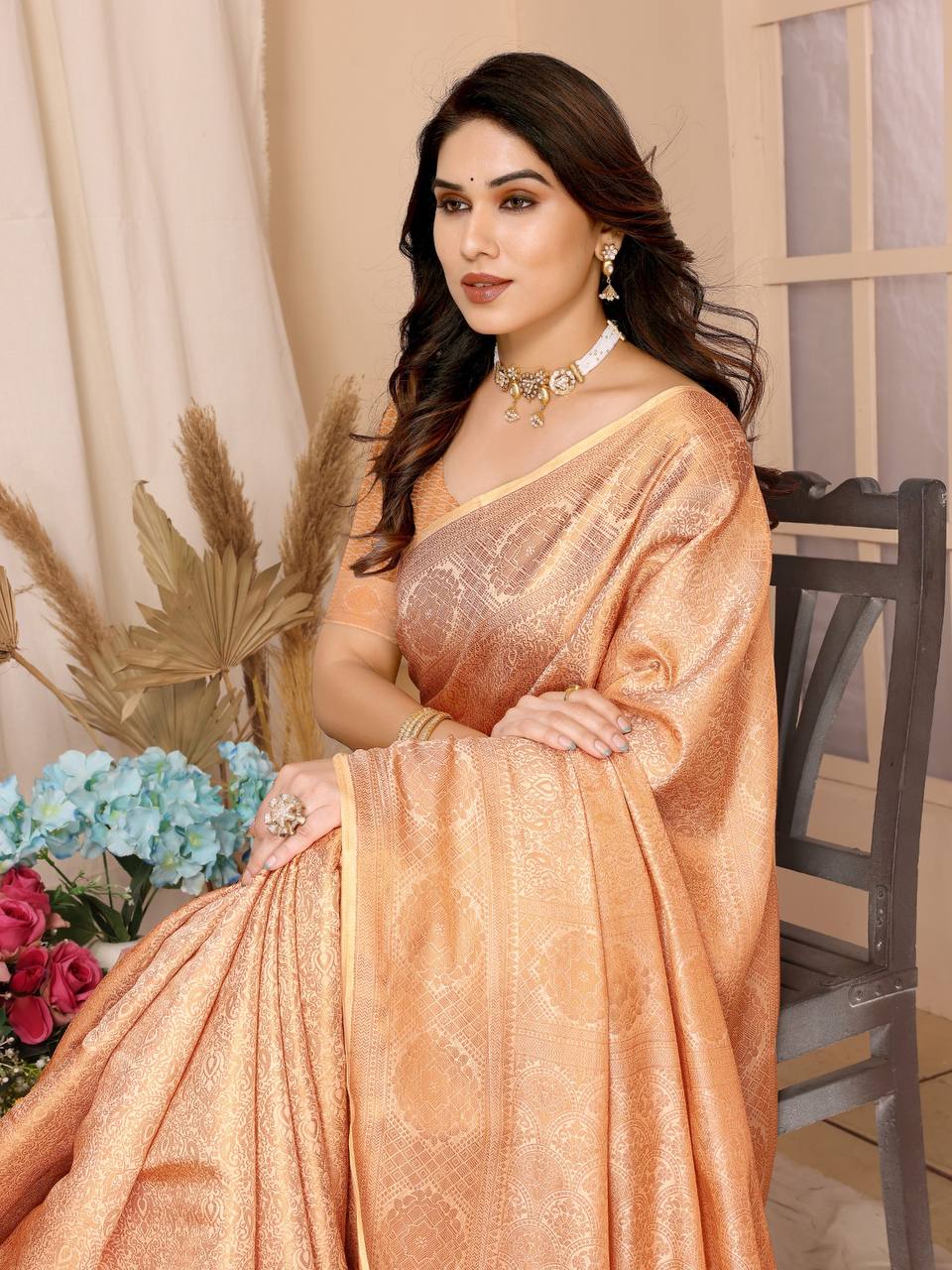 Impressive Look Party Wear Designer Kanjivaram Silk Cream Color Saree.