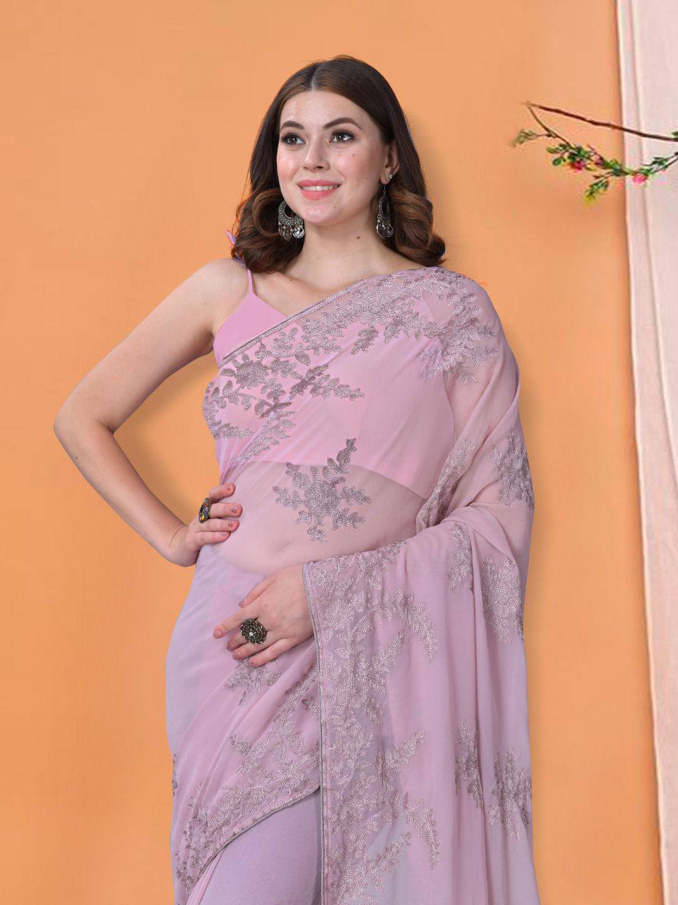 Amazing Powder Pink Color Party Wear Designer Saree.
