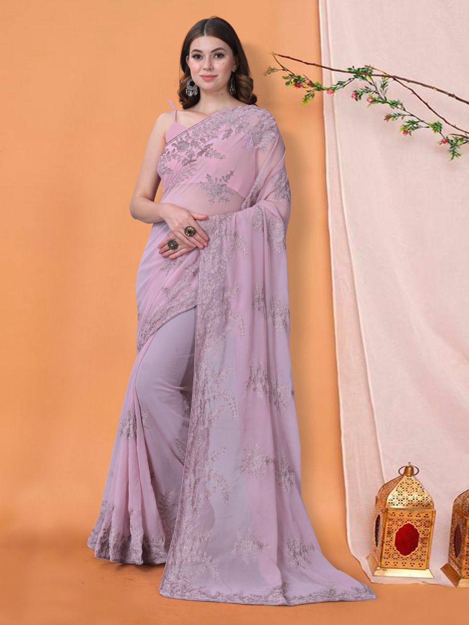 Amazing Powder Pink Color Party Wear Designer Saree.