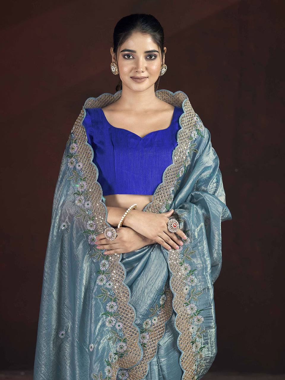 Adorable Designer Gold Crunchy Blue Saree Collection.