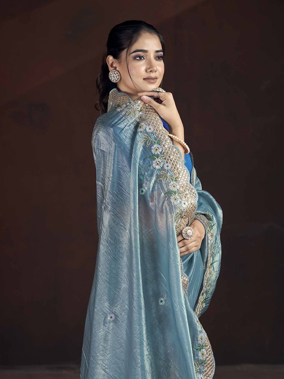 Adorable Designer Gold Crunchy Blue Saree Collection.