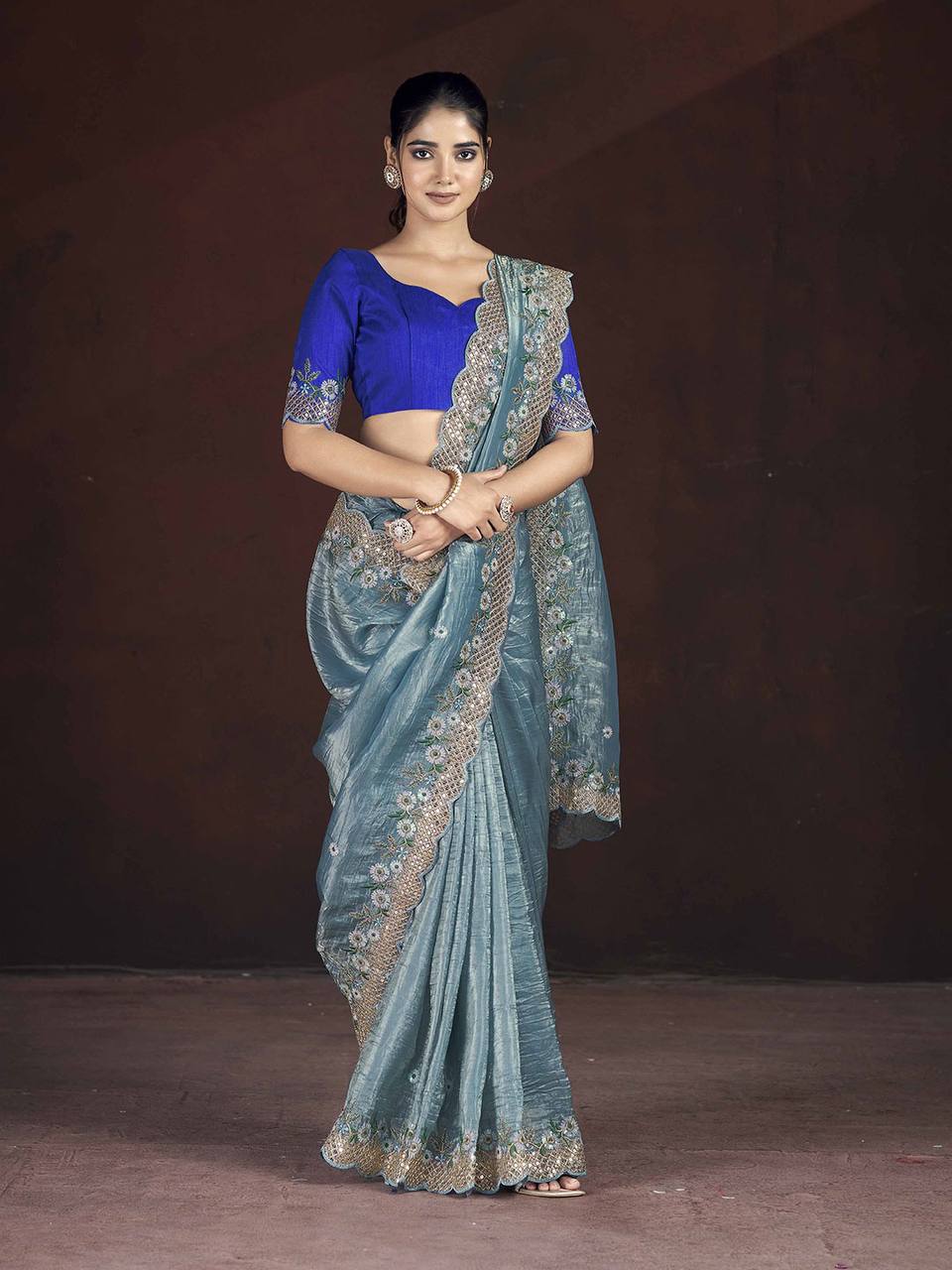 Adorable Designer Gold Crunchy Blue Saree Collection.