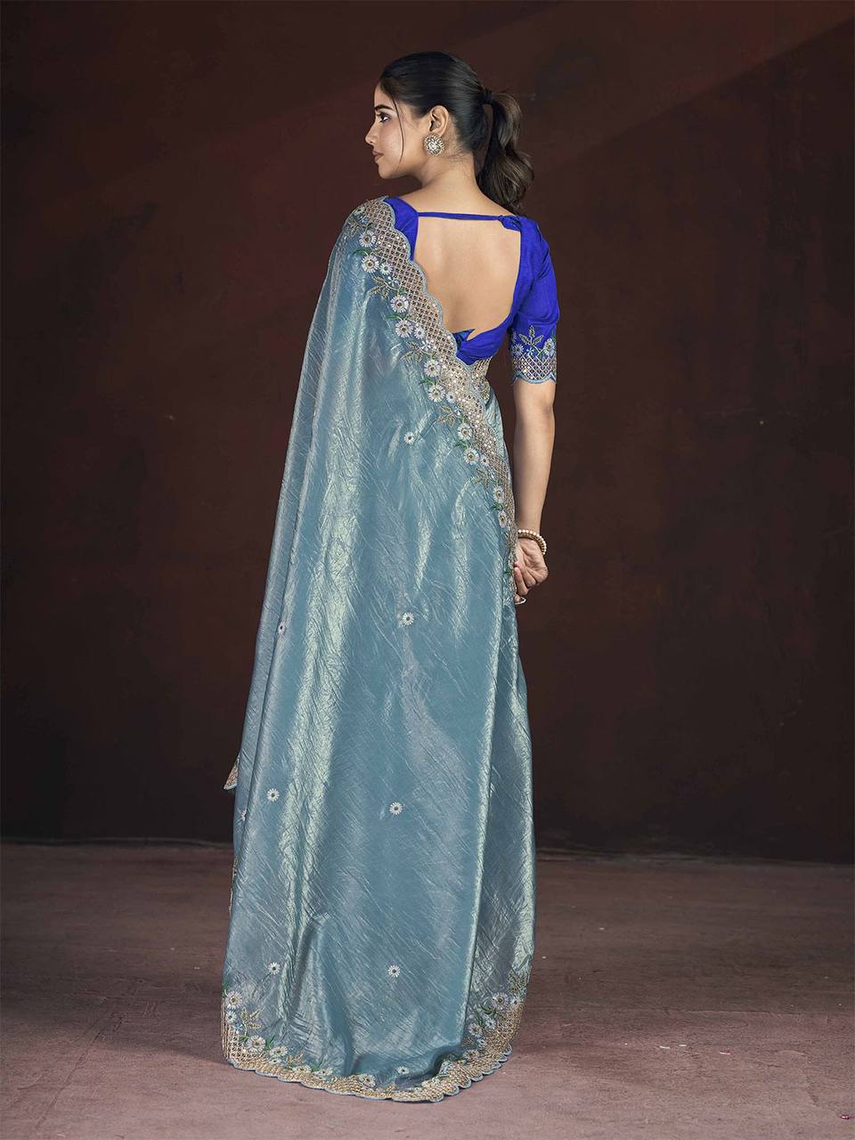 Adorable Designer Gold Crunchy Blue Saree Collection.