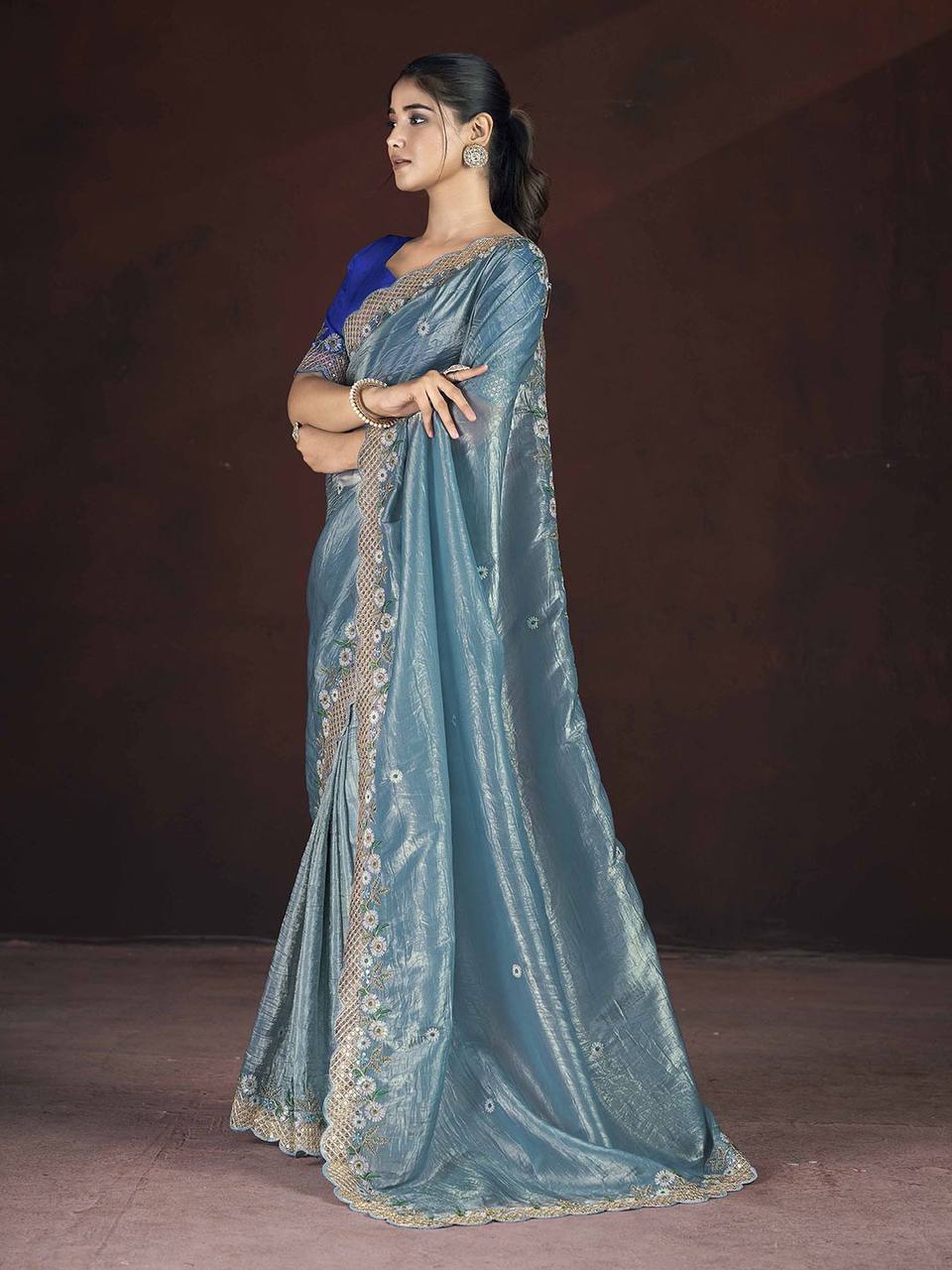 Adorable Designer Gold Crunchy Blue Saree Collection.