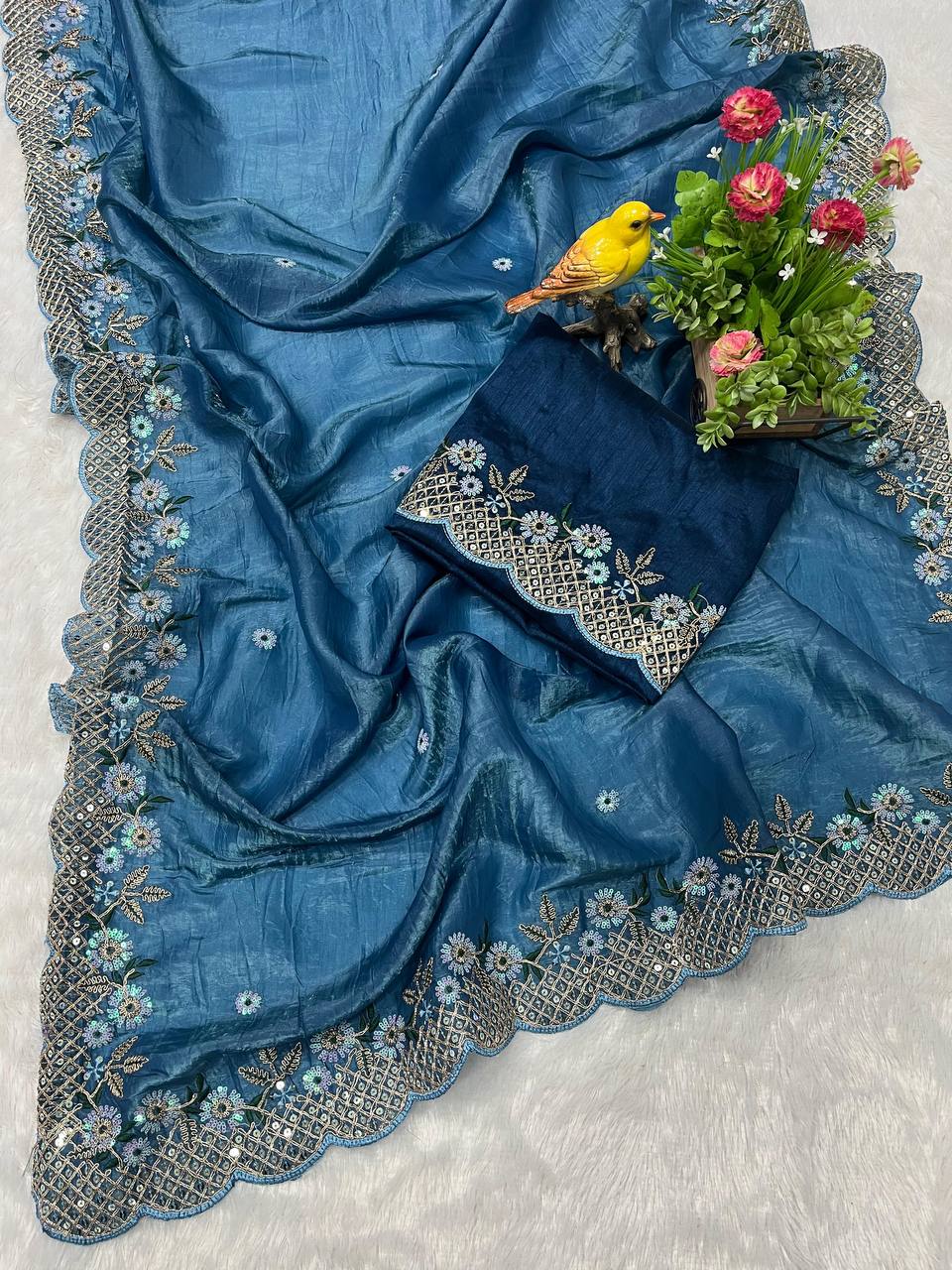 Adorable Designer Gold Crunchy Blue Saree Collection.