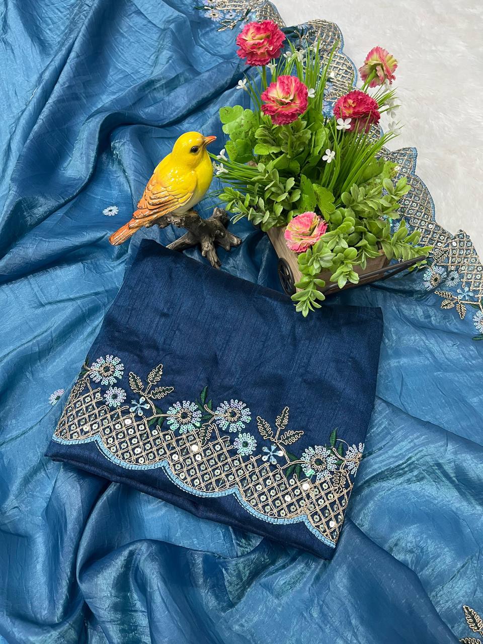 Adorable Designer Gold Crunchy Blue Saree Collection.