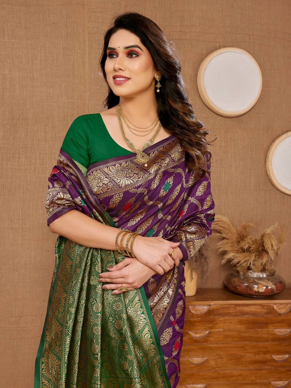 Beautiful Wine Color Kanjiwarm Work Banarasi Silk Saree.