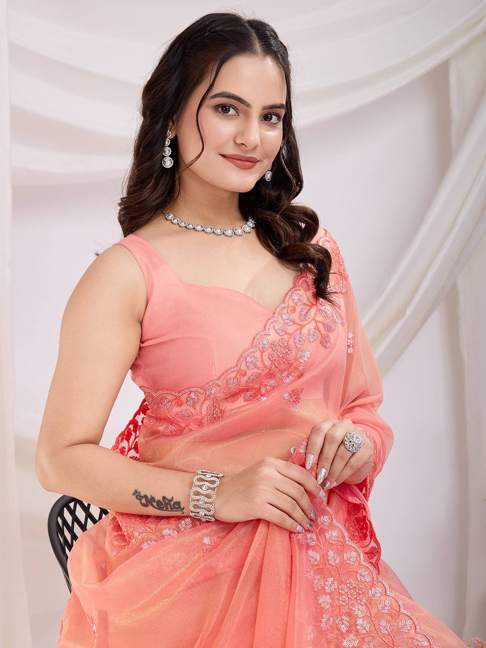 Latest Trendy Gold Twill Net Saree Collection.
