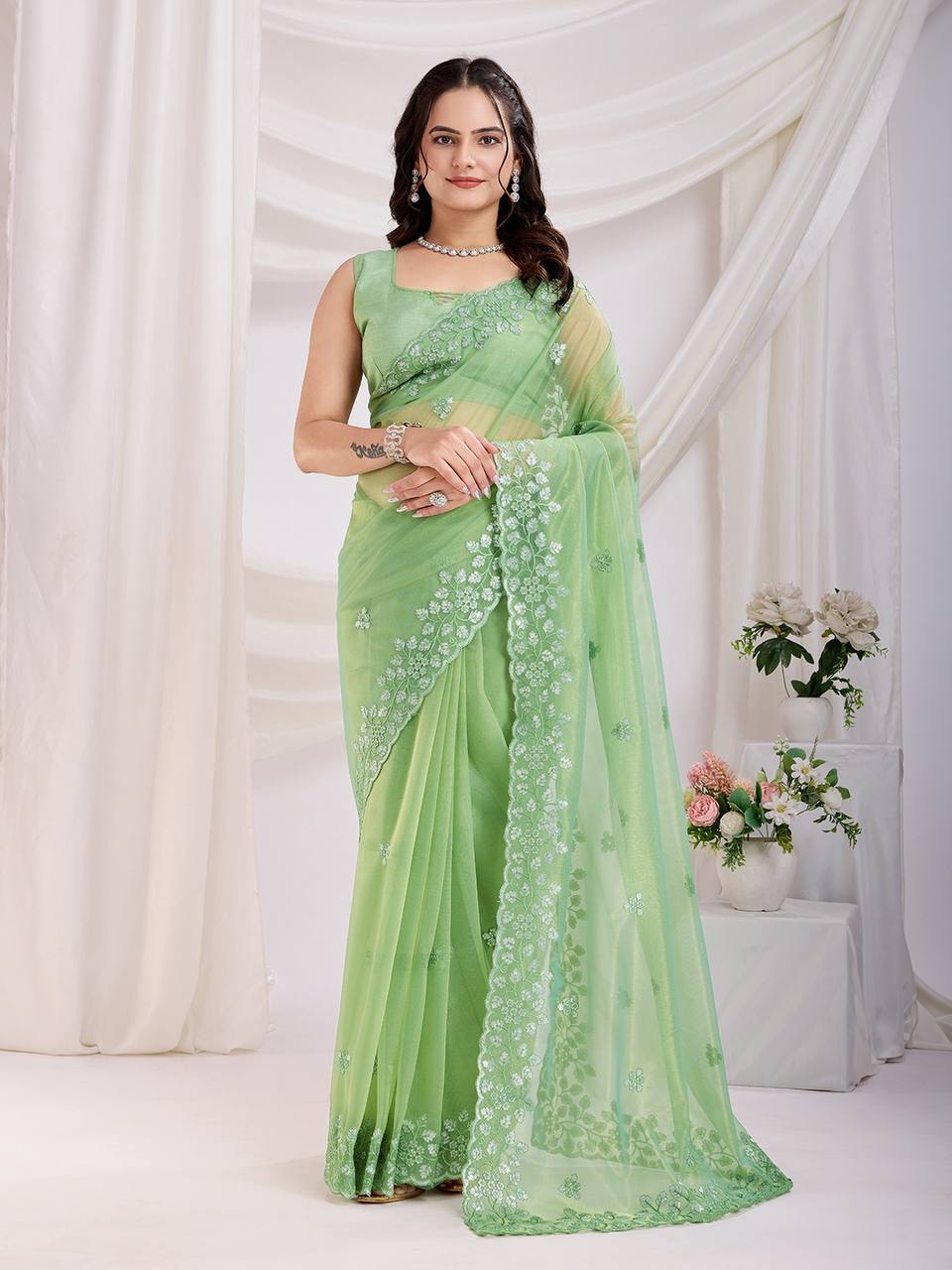 Wedding Wear Special New Gold Twill Net Saree Collection.
