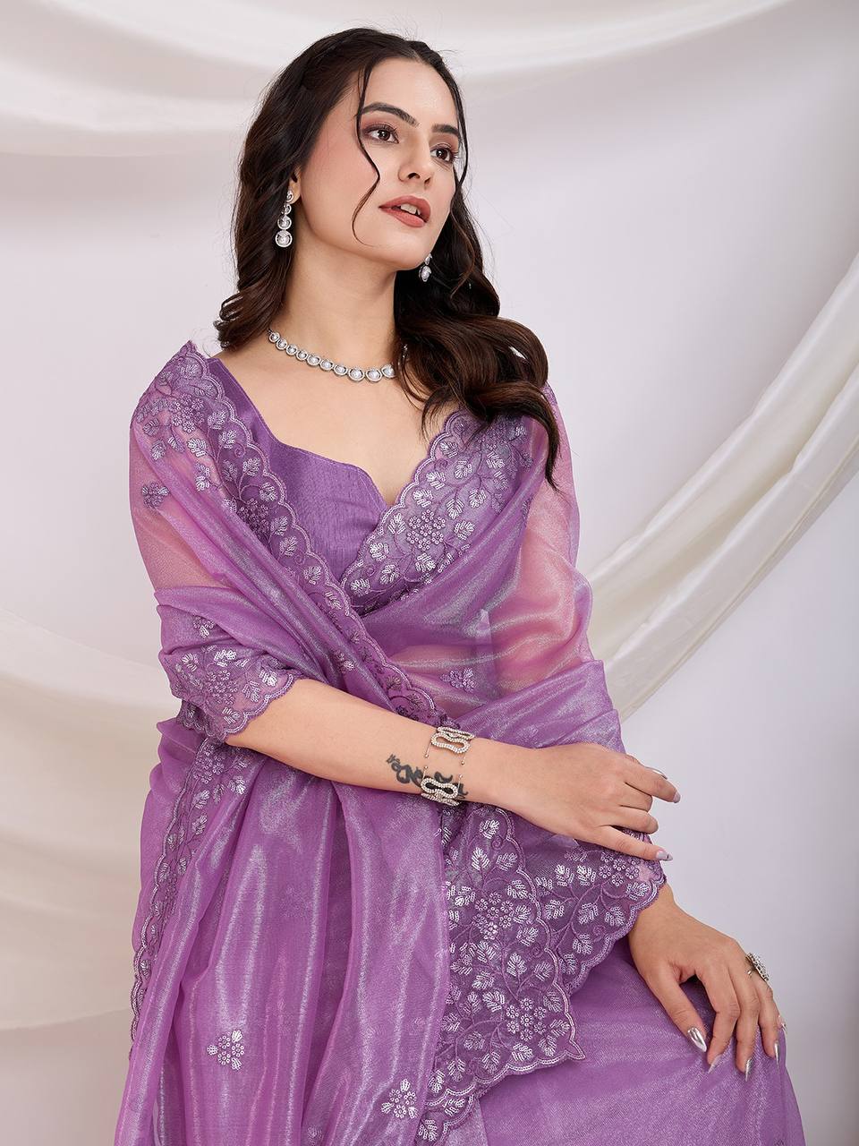 Gold Twill Net Designer Party Wear Lavender Saree Collection.