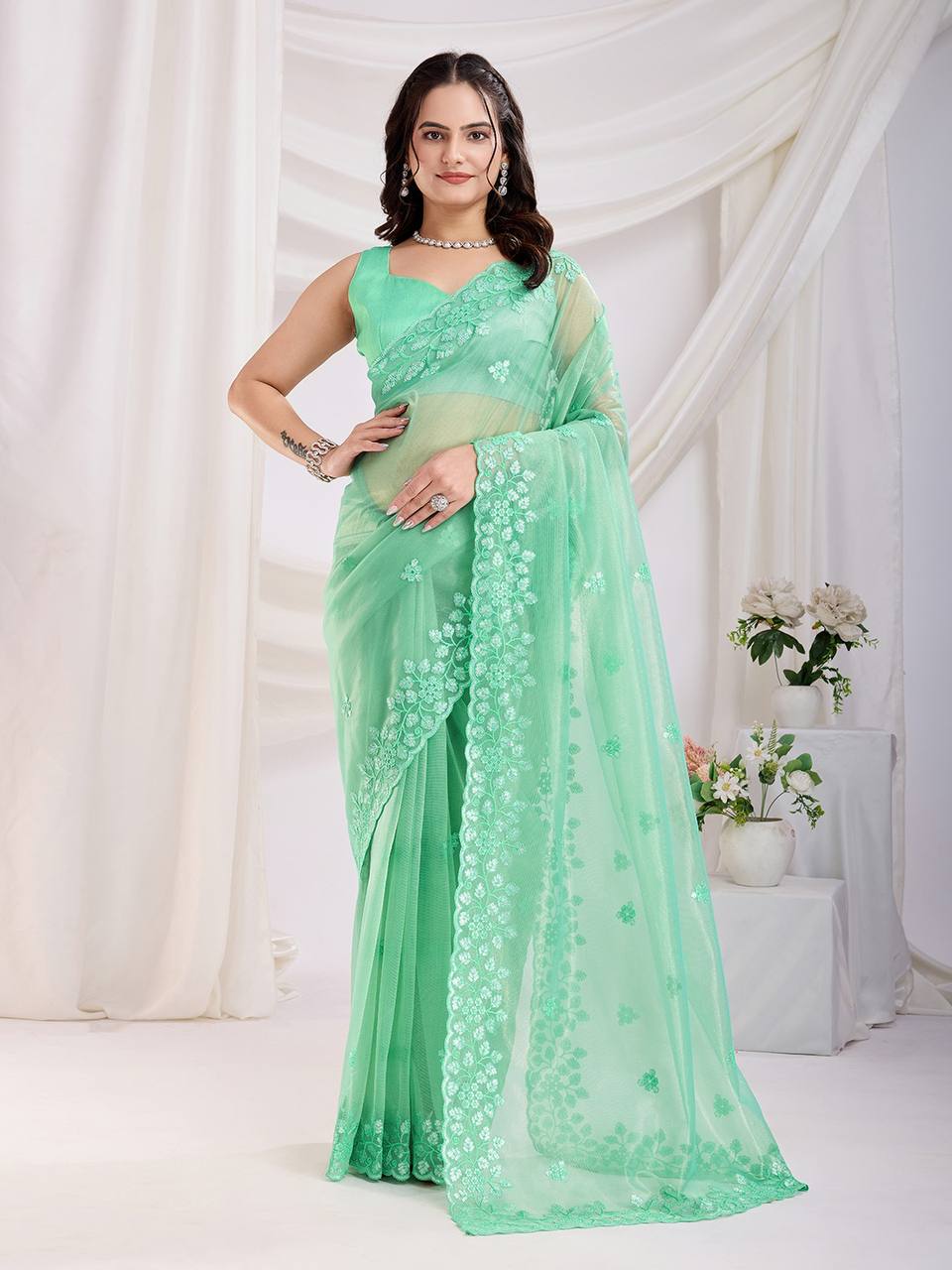 Adorable pretty Gold Twill Net Saree Collection.