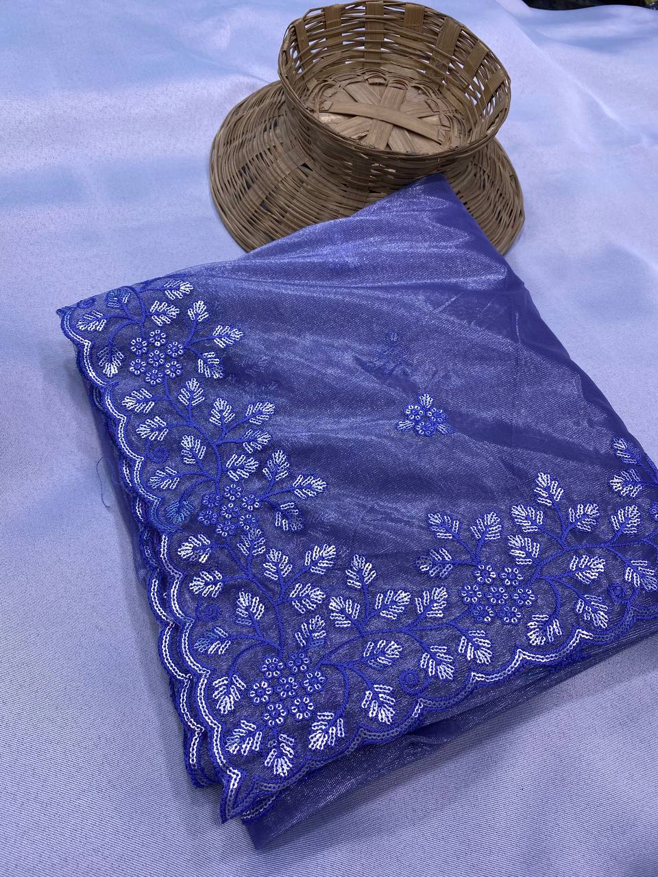 Latest Trendy Premium Gold Twill Net Blue Saree.