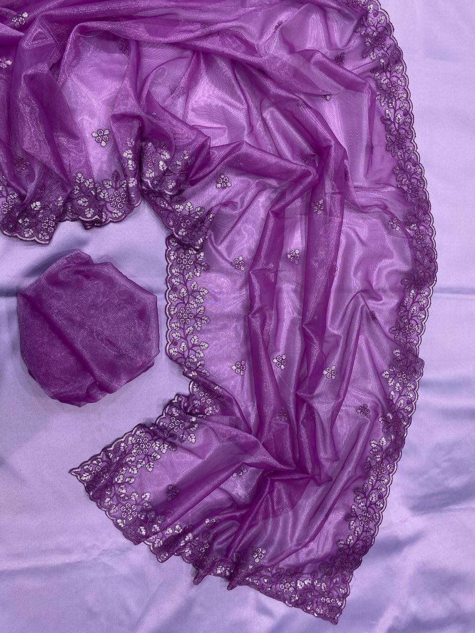 Gold Twill Net Designer Party Wear Lavender Saree Collection.
