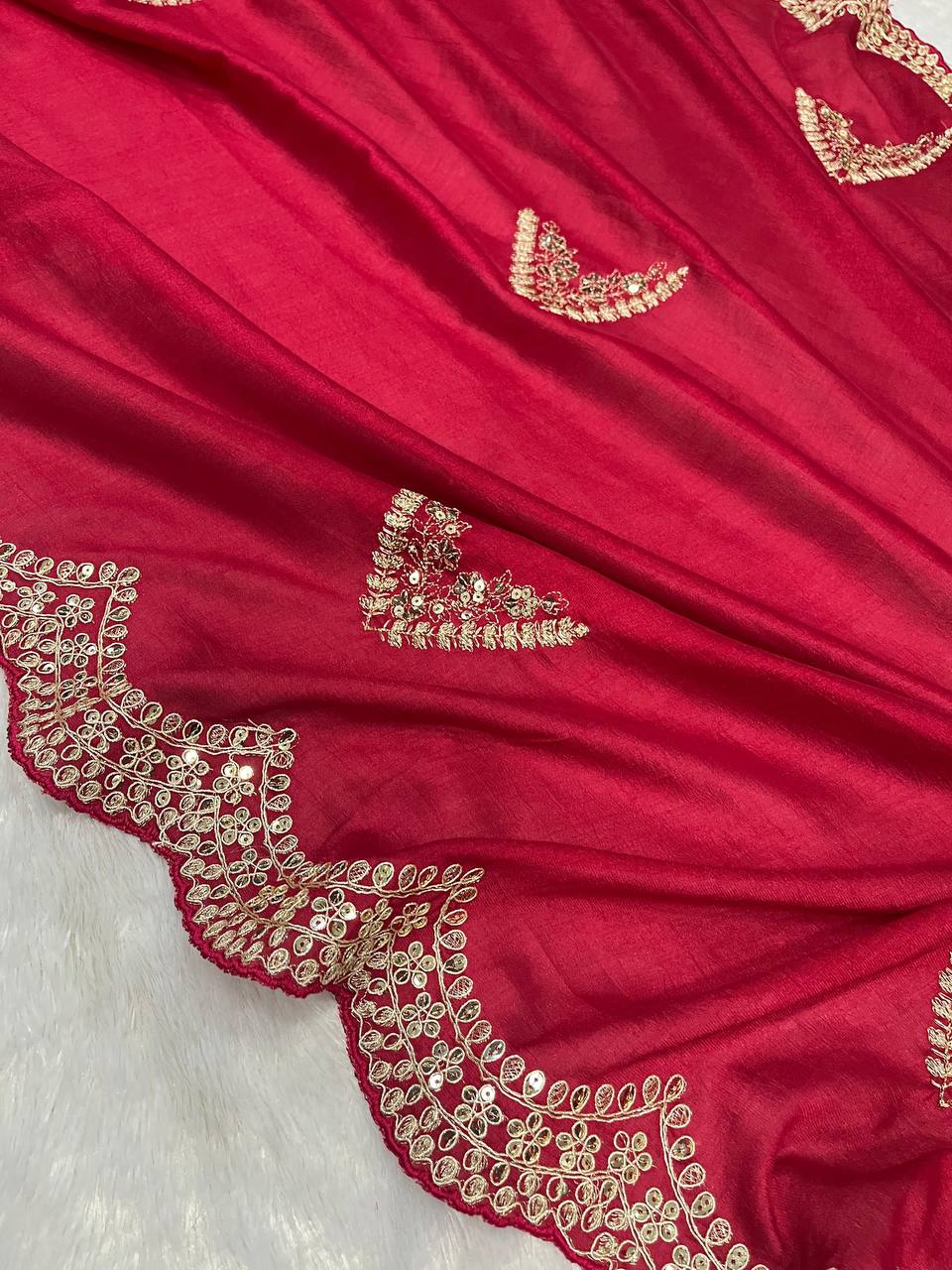 Perfect Designer Red Cherry Vichitra Blooming Saree Collection.