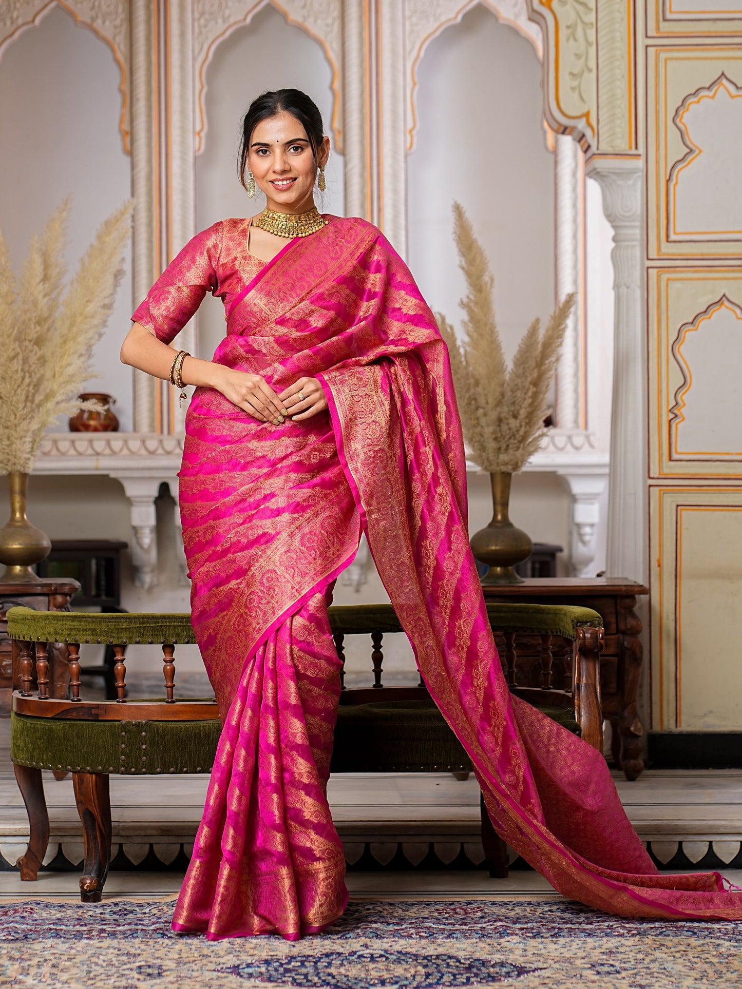 Gorgeous Pink Colour Pretty Organza Saree Collection.