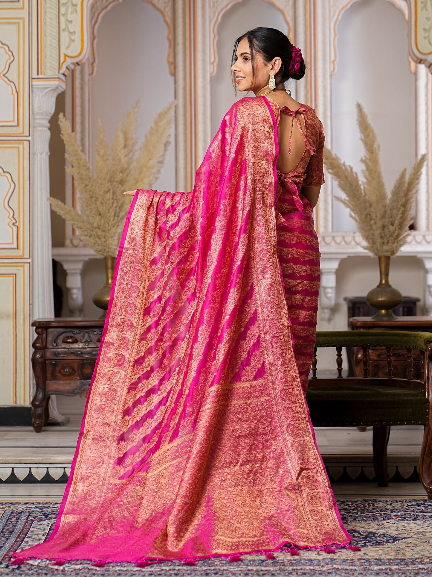 Gorgeous Pink Colour Pretty Organza Saree Collection.