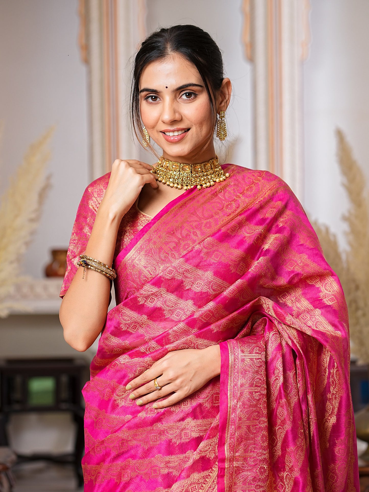 Gorgeous Pink Colour Pretty Organza Saree Collection.