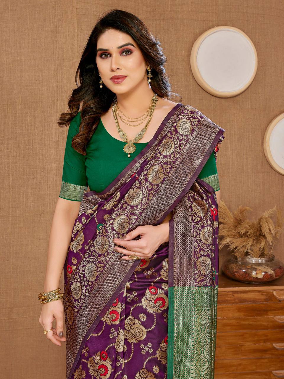 New Latest Banarasi Soft Silk Wine Color Saree.
