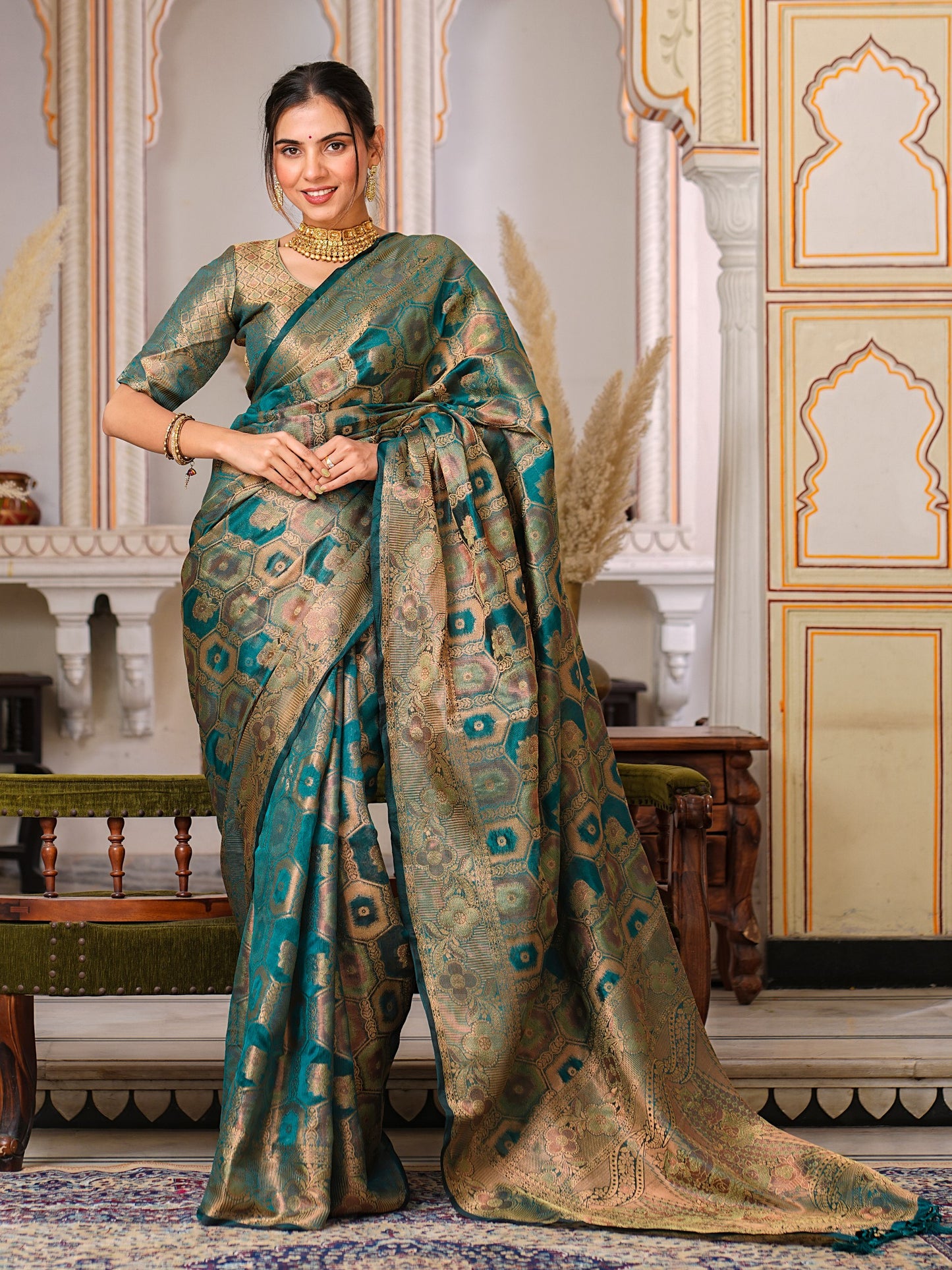 Rama Color Trendy Wedding Function Special Designer Saree Collection.