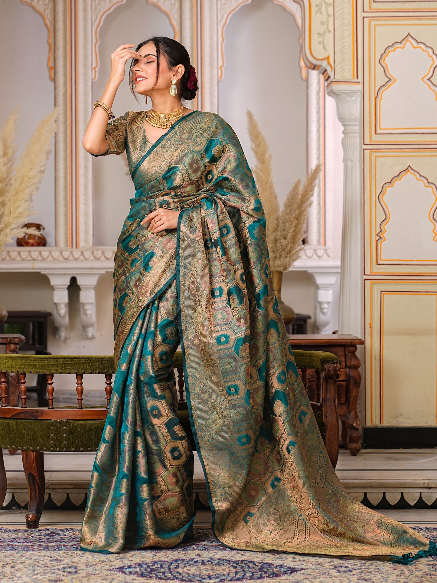 Rama Color Trendy Wedding Function Special Designer Saree Collection.