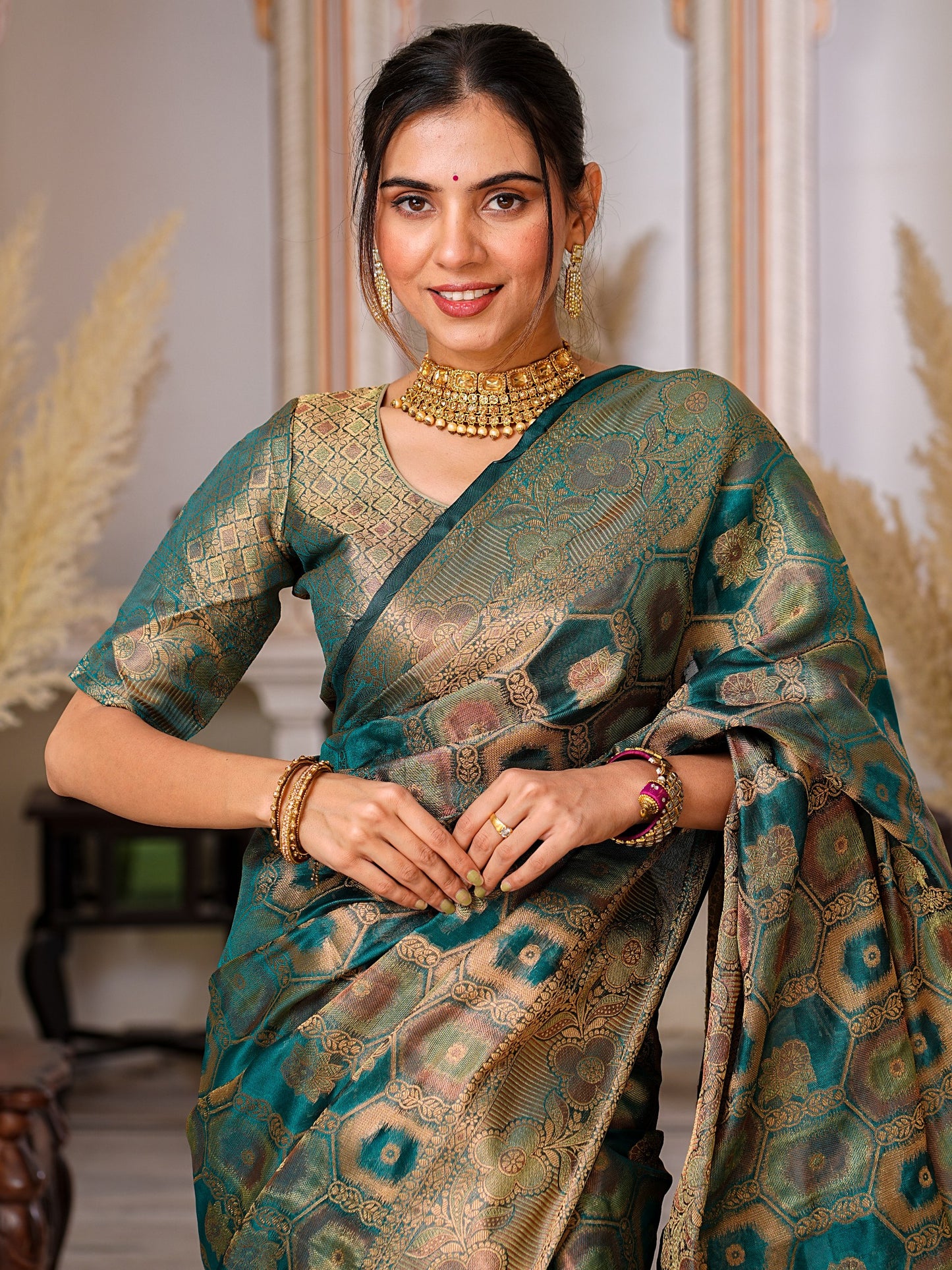 Rama Color Trendy Wedding Function Special Designer Saree Collection.