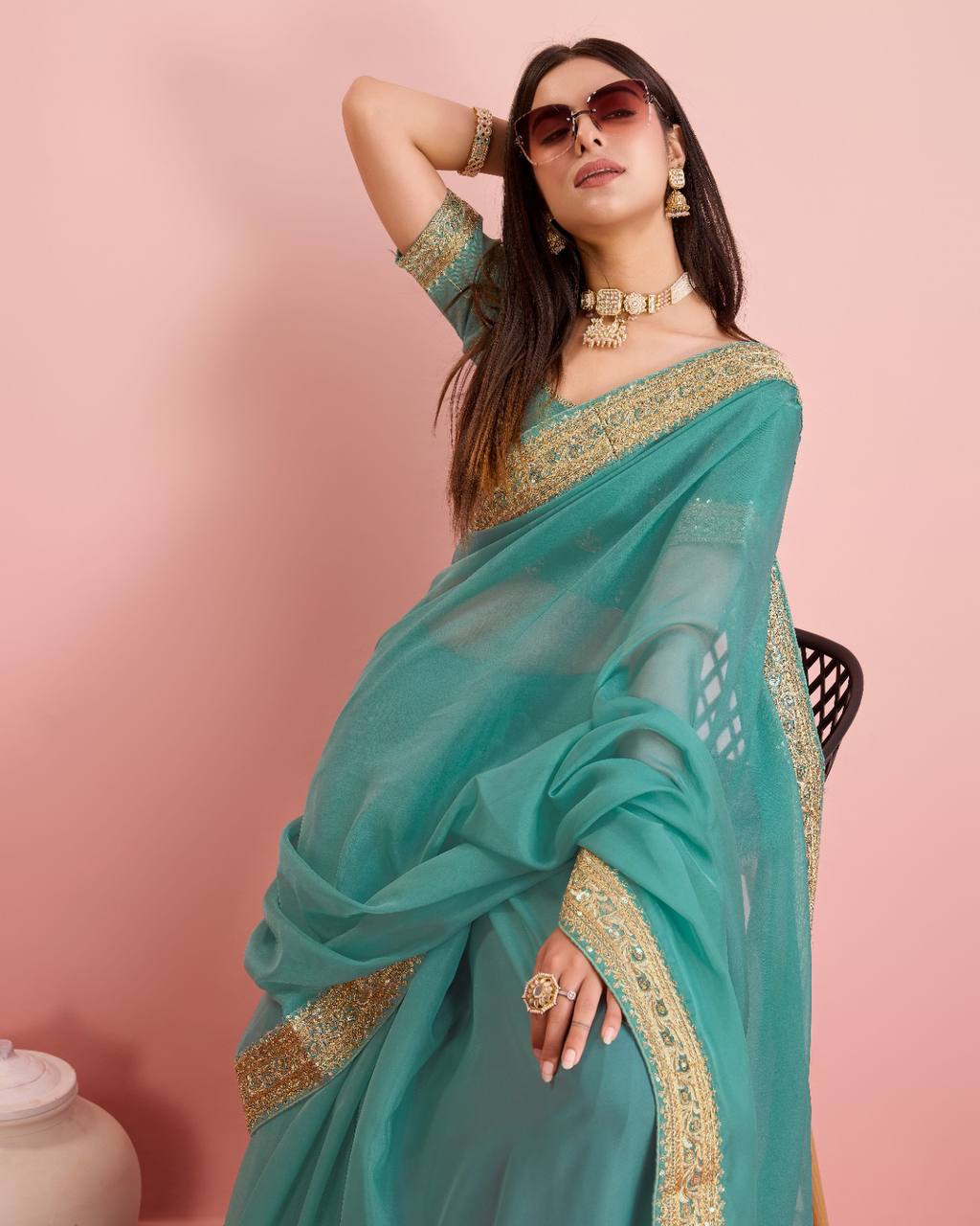 Attractive Designer Premium Tibby Silk Sky Blue Saree.