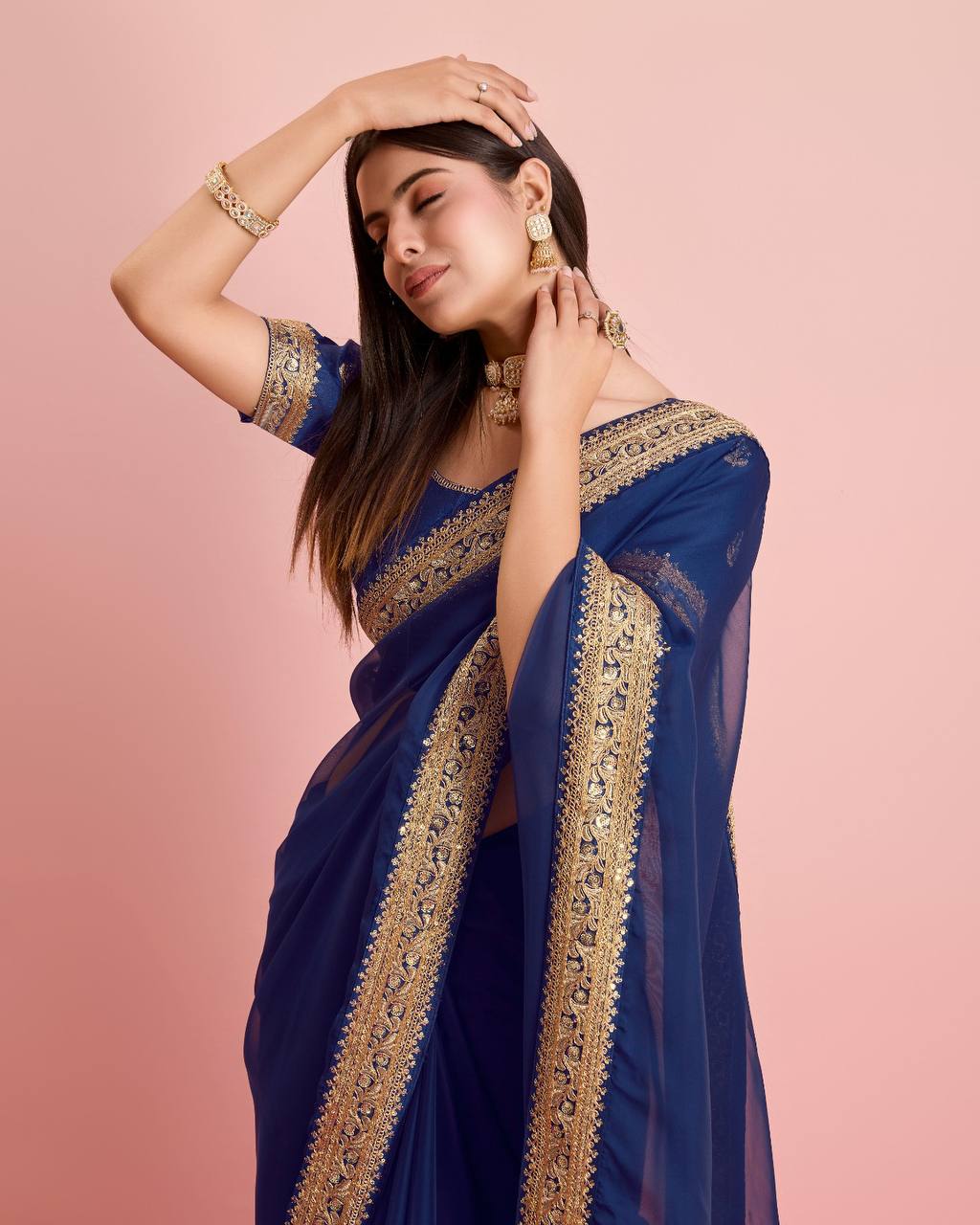 Impressive Dark Blue Premium Soft Tibby Silk Organza Saree.