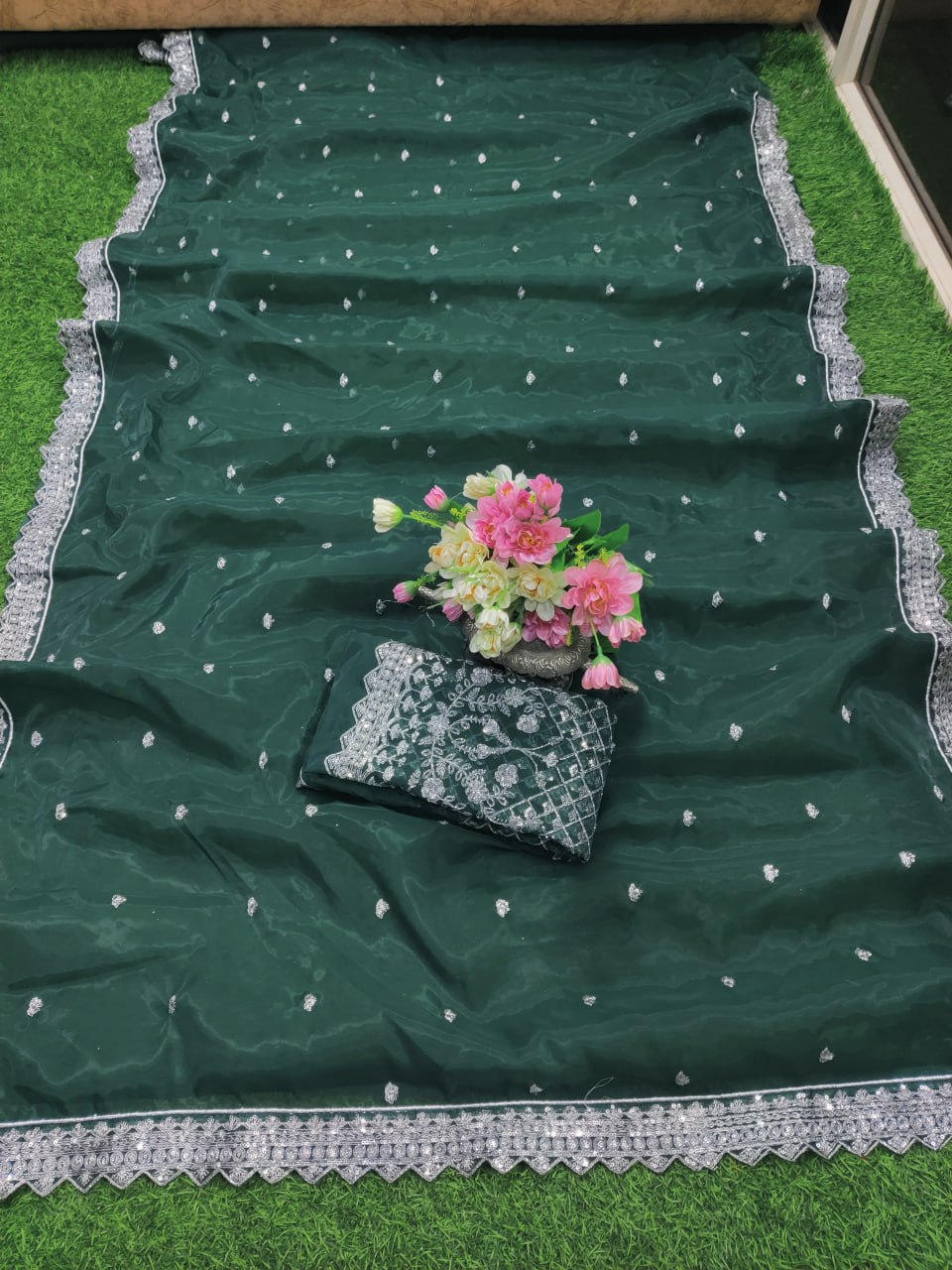 Party Wear Designer Pure Organza silk Green Colour Saree.