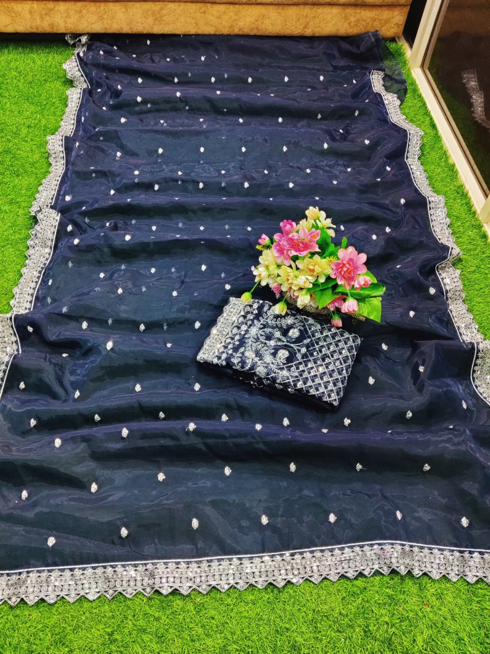 Amazing Party Wear Look Pure Bright Organza Silk Navy Blue Saree.