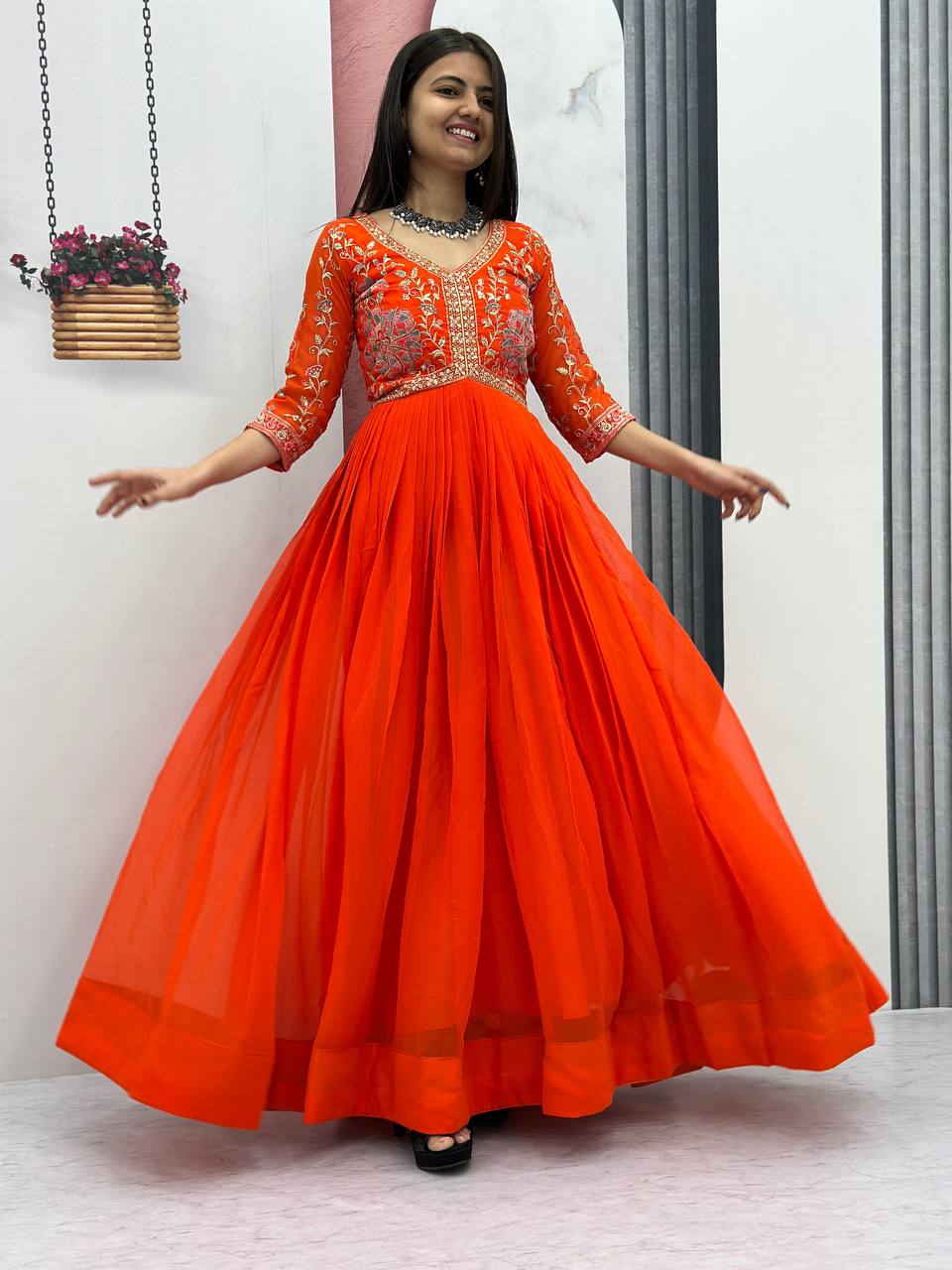 Latest Designer Wedding Wear Special Orange Heavy Faux Georgette Gown Collection.