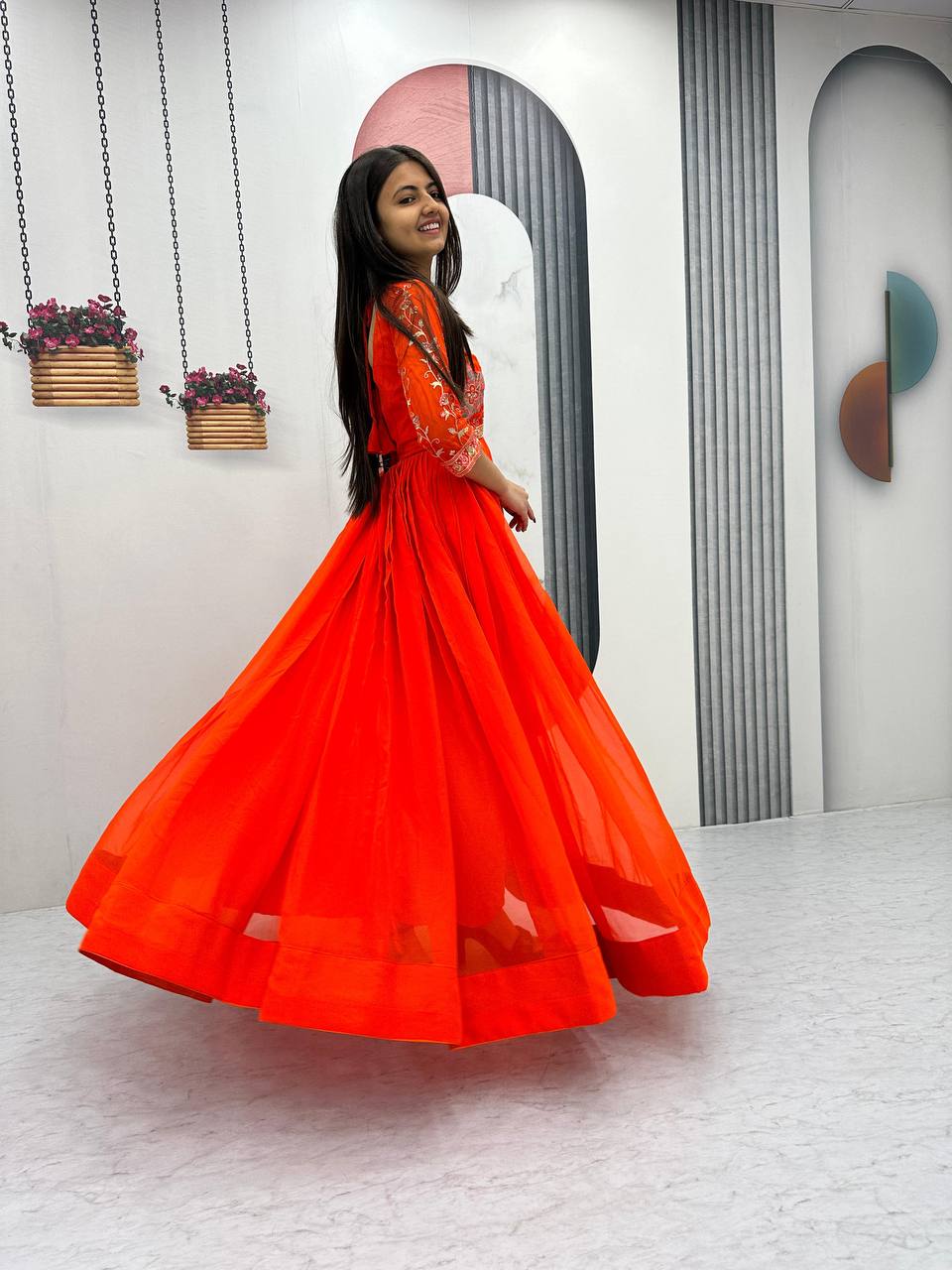 Latest Designer Wedding Wear Special Orange Heavy Faux Georgette Gown Collection.