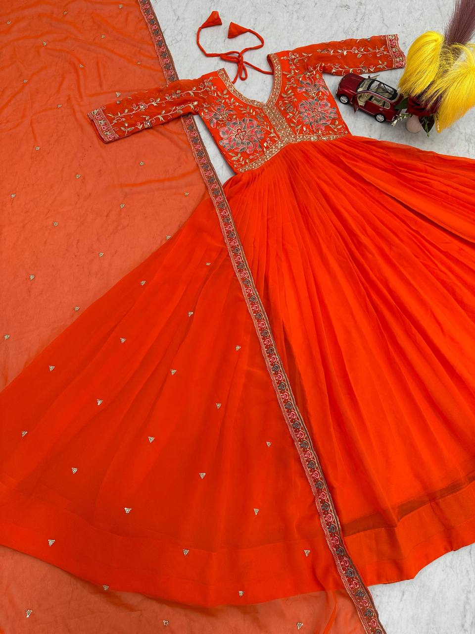 Latest Designer Wedding Wear Special Orange Heavy Faux Georgette Gown Collection.