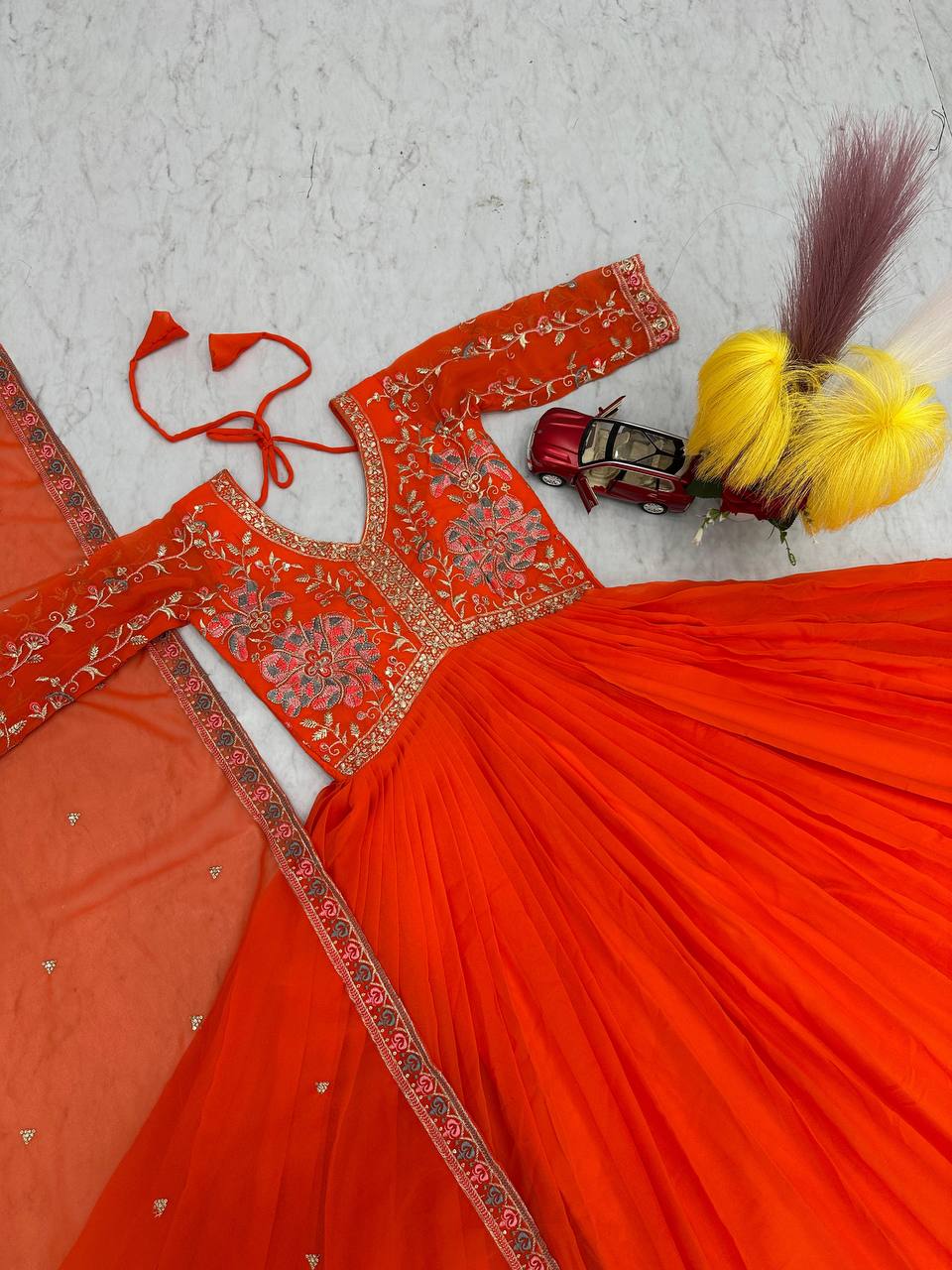 Latest Designer Wedding Wear Special Orange Heavy Faux Georgette Gown Collection.