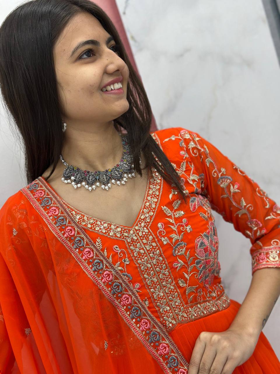 Latest Designer Wedding Wear Special Orange Heavy Faux Georgette Gown Collection.