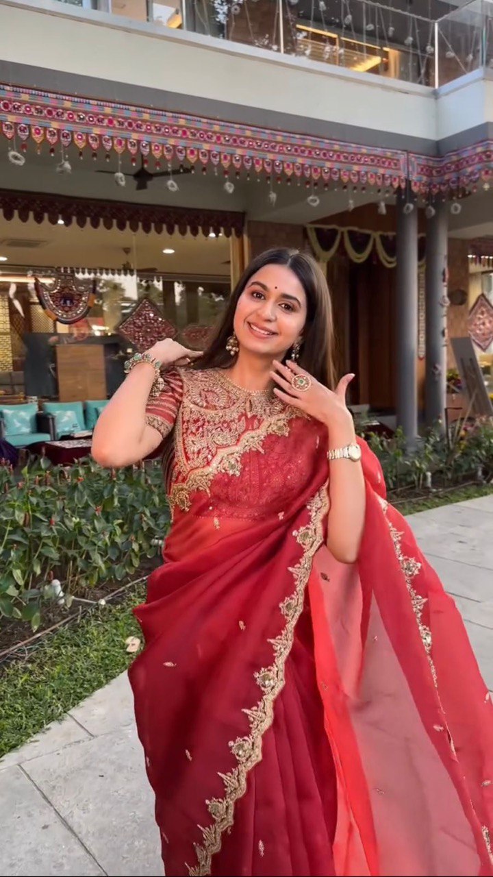 Latest Designer Pretty Red Organza Silk Saree Collection.