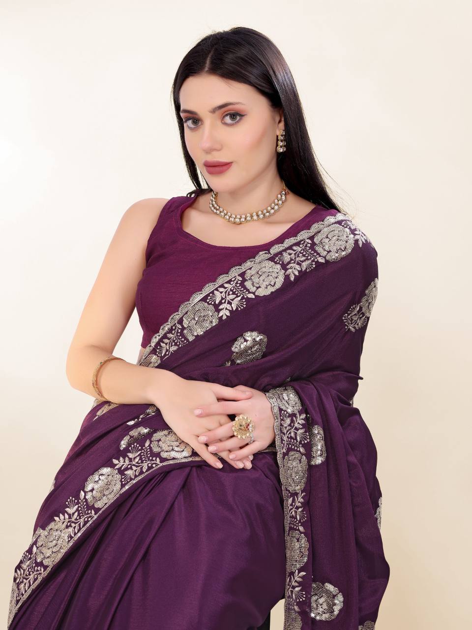 New Trendy Designer Chinon Silk Saree Collection.