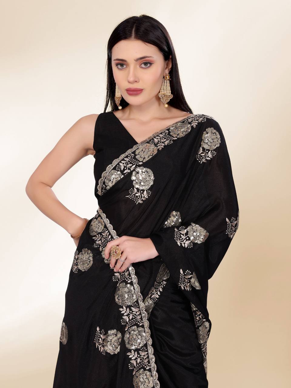 Party Wear Special New Black Chinon Silk Saree Collection.