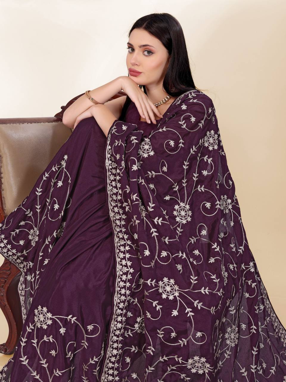 Beautiful Wedding Wear Special New Wine Chinon Silk Saree Collection.