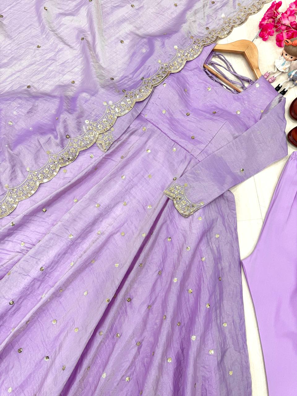 Beautiful Party Wear Pure Gold Crush Silk Lavender Gown Collection.