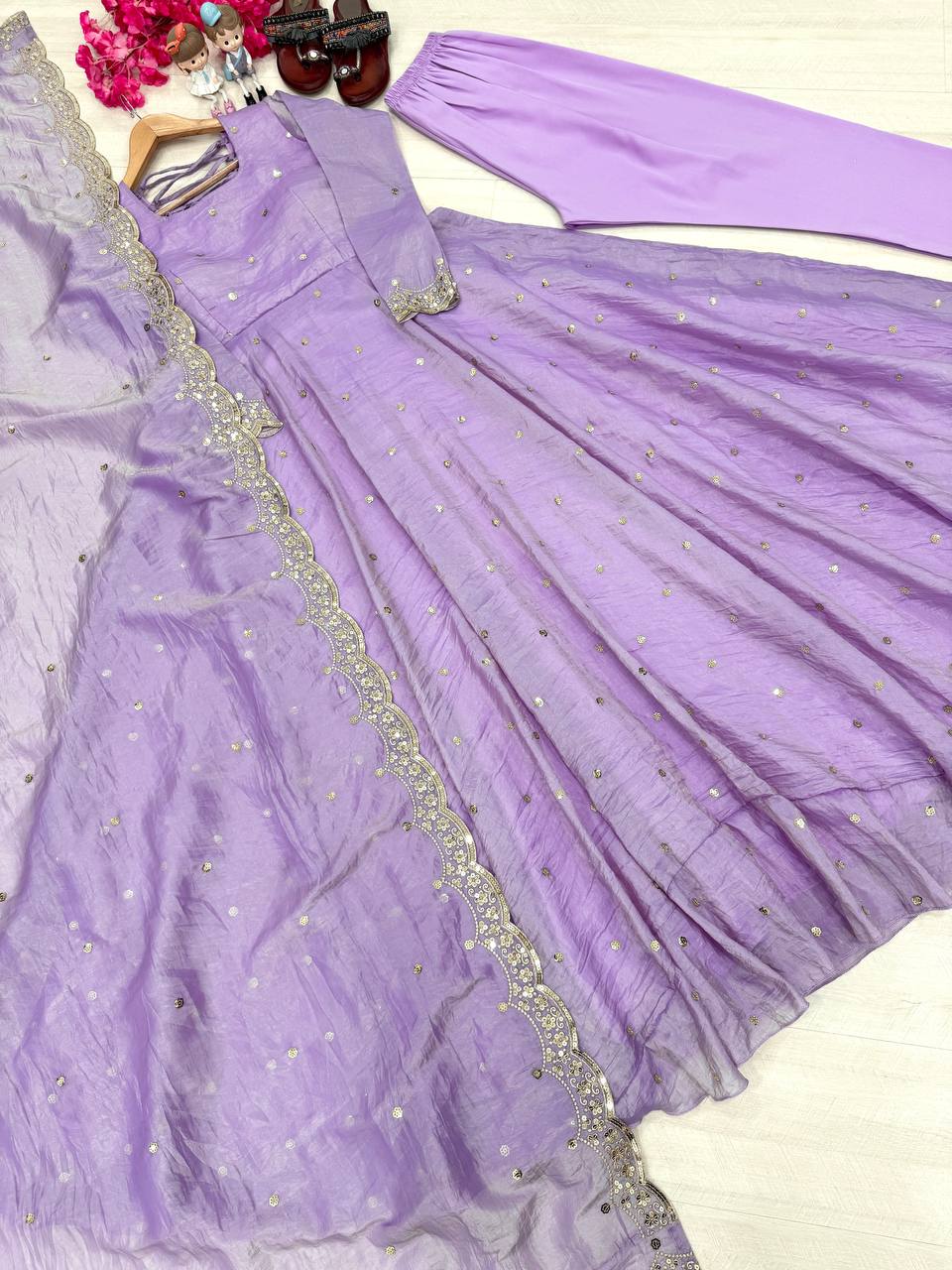 Beautiful Party Wear Pure Gold Crush Silk Lavender Gown Collection.