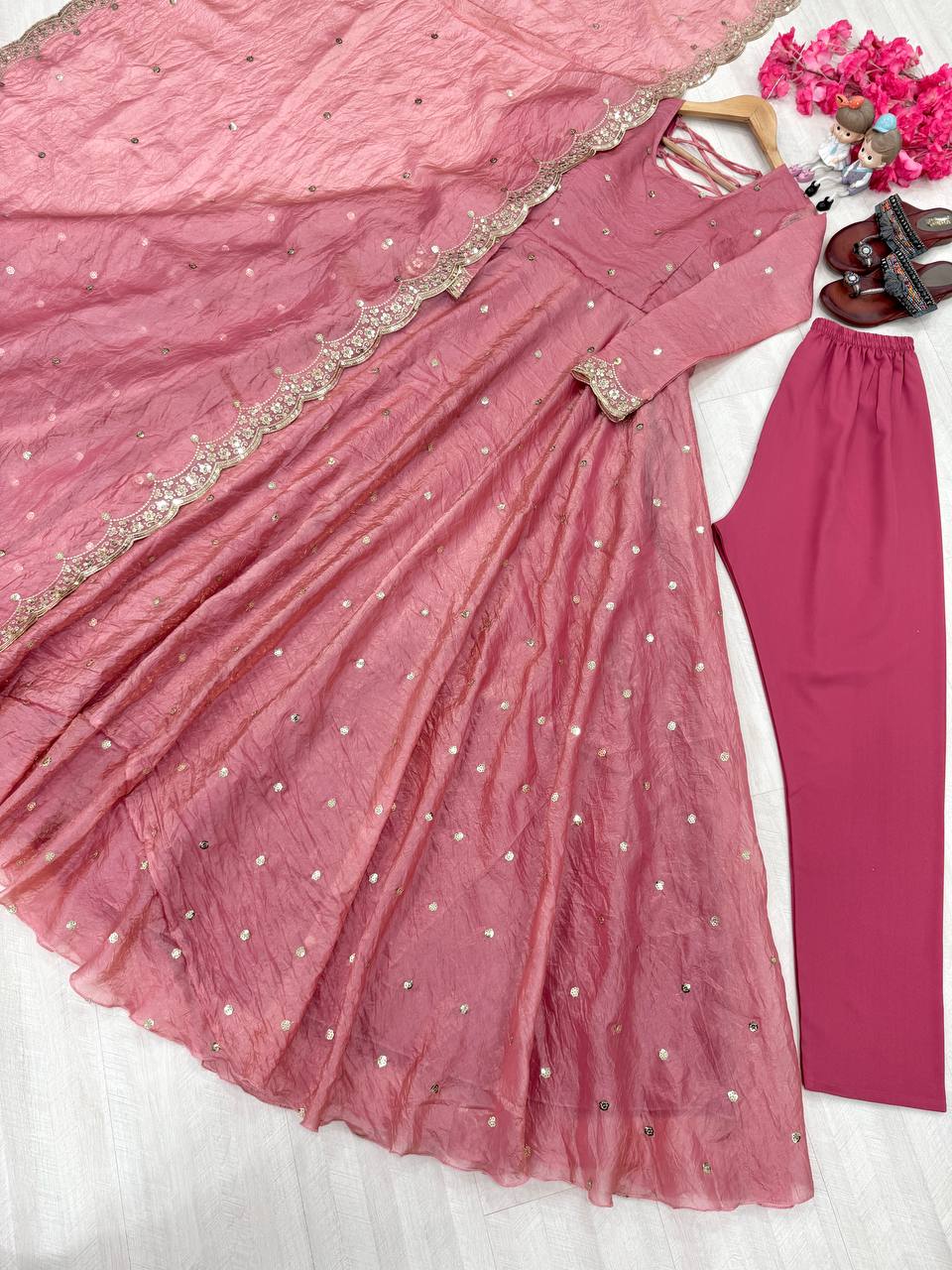 Wedding Wear Special Pure Gold Crush Silk Pink Gown Collection.