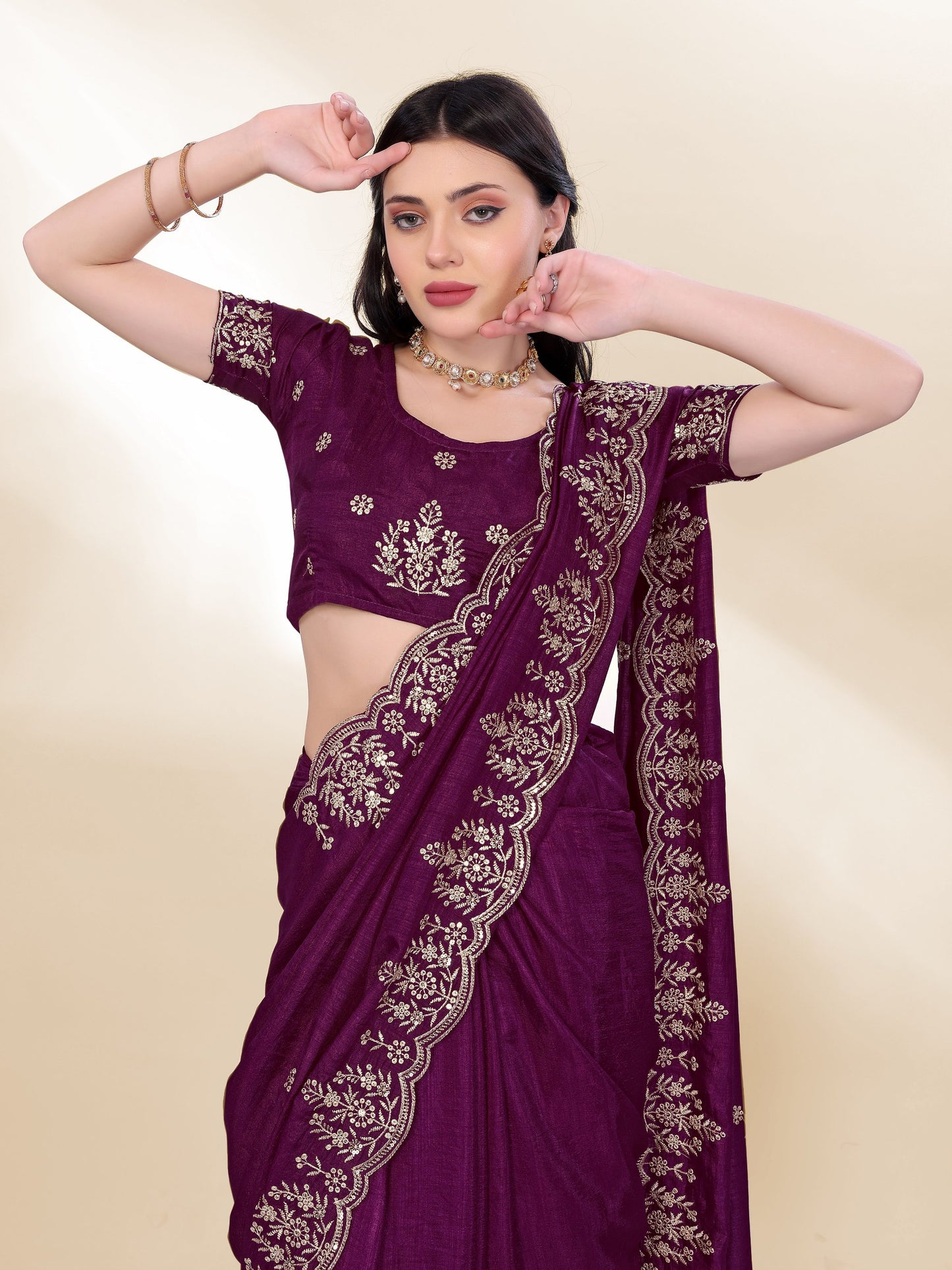 Most Pretty Chinon Silk Purple Saree Collection.