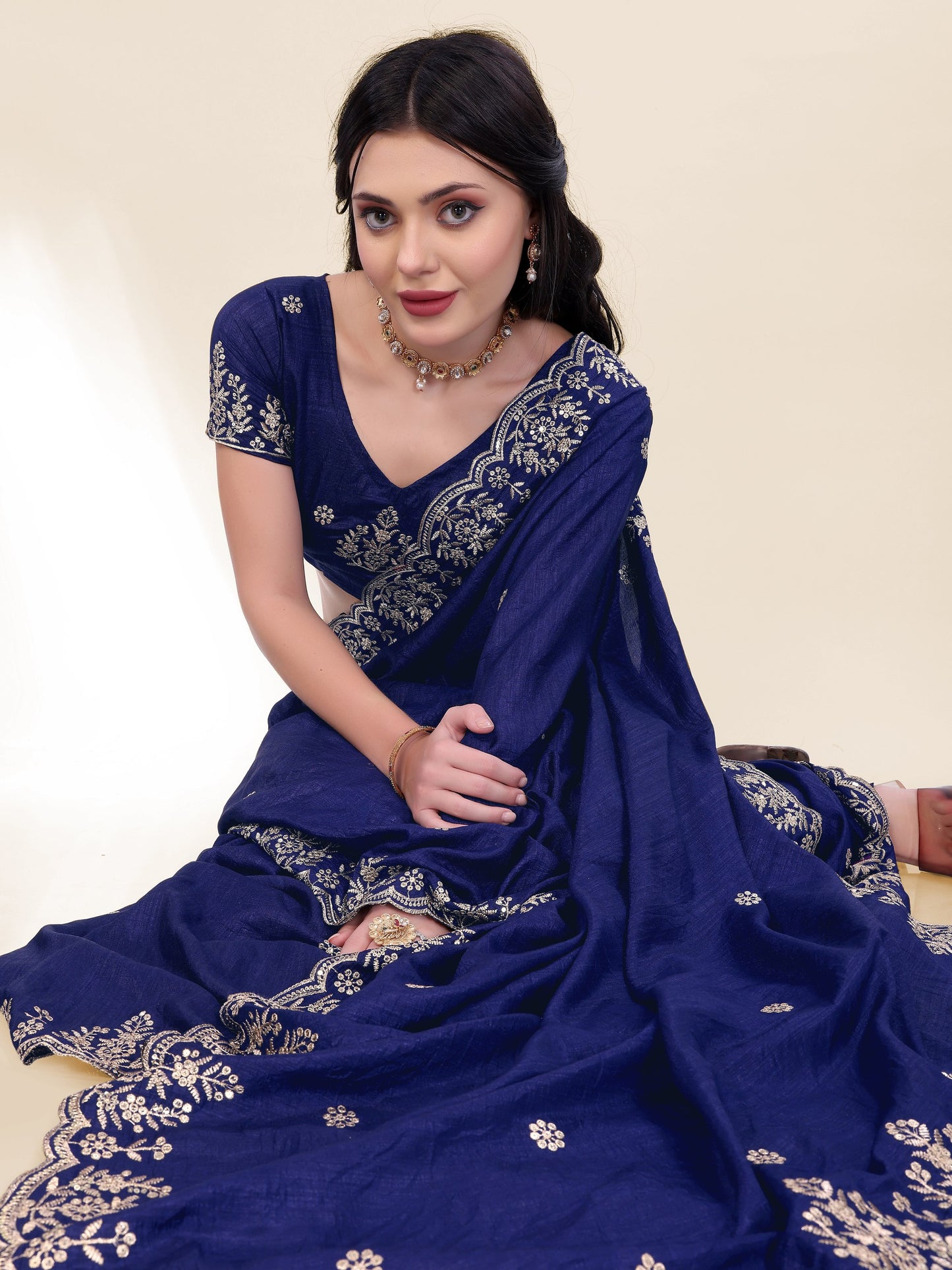 Beautiful Blue Designer Chinon Silk Saree Collection.