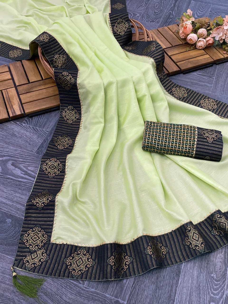 Beautiful Pista Color Vichitra Cotton Saree Collection.