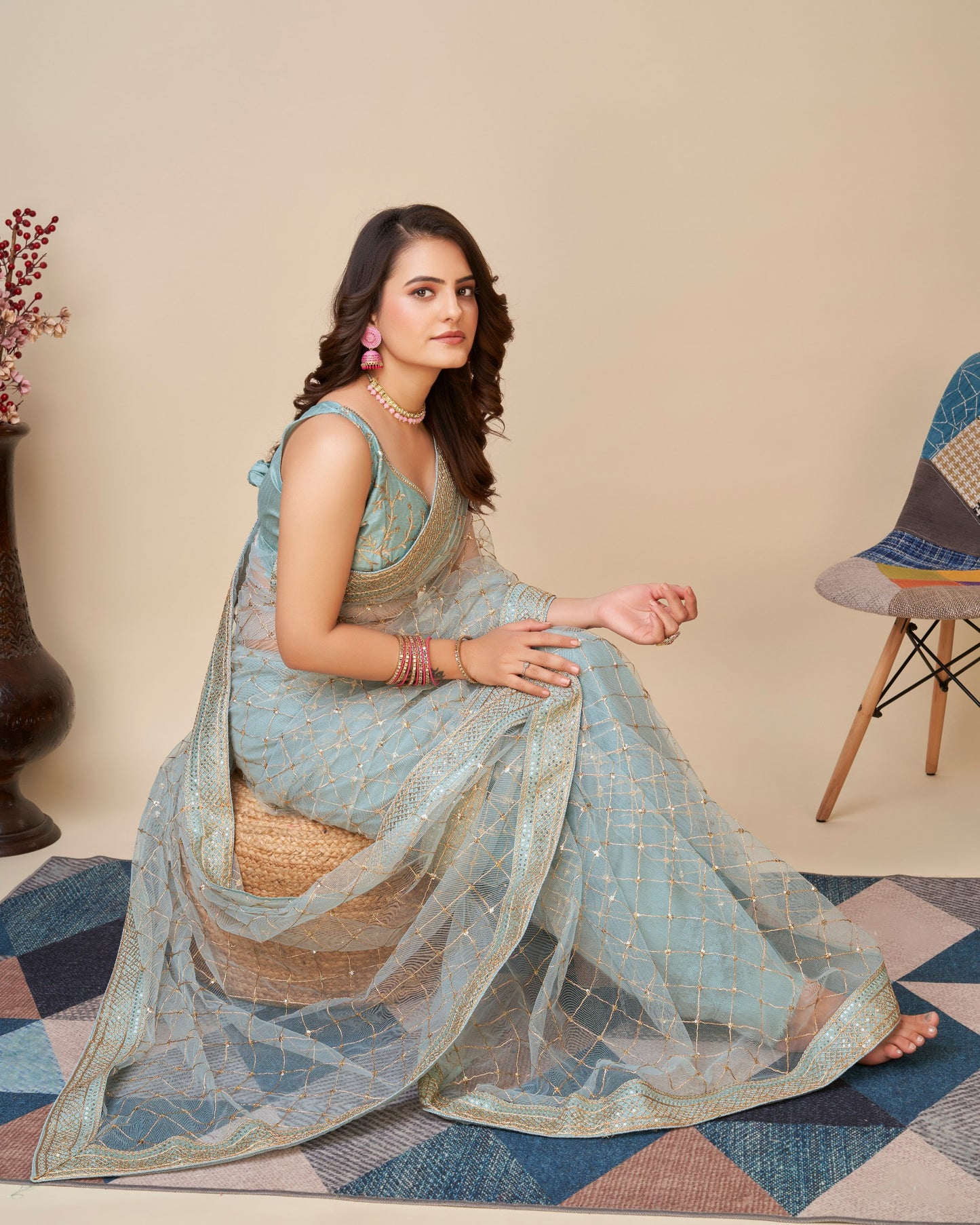 Premium Designer Soft Butterfly Net Sky Blue Saree.