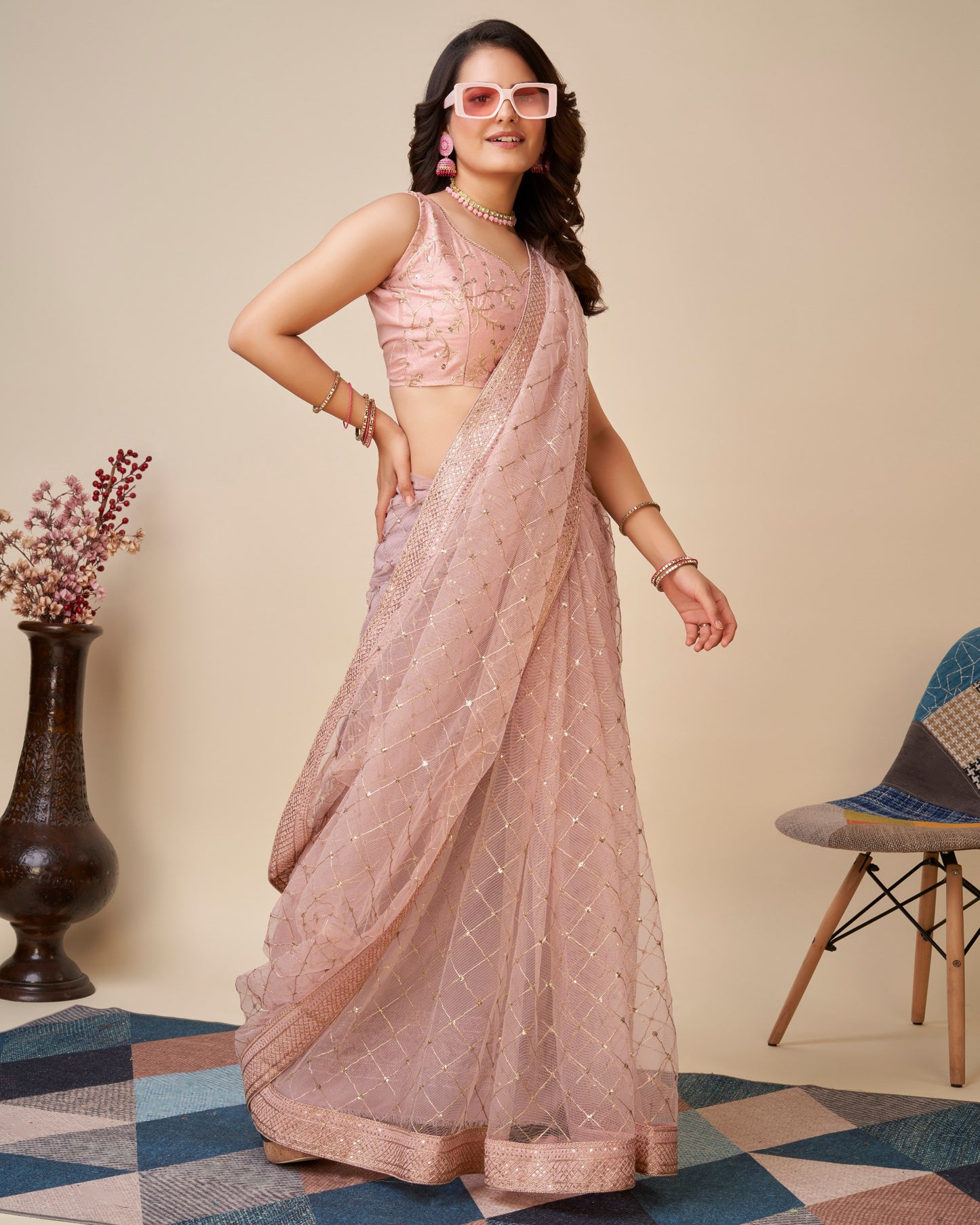 Looking Beautiful Designer Pink Soft Butterfly Net Saree.