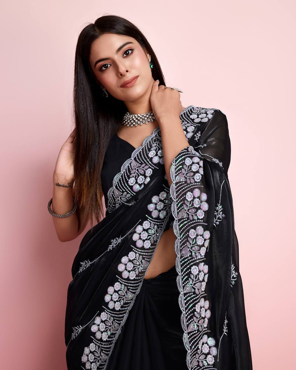 Party Wear Special Black Premium Soft Zimmy Chu Silk Saree.