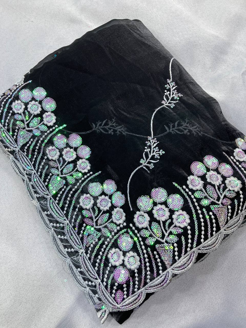 Party Wear Special Black Premium Soft Zimmy Chu Silk Saree.