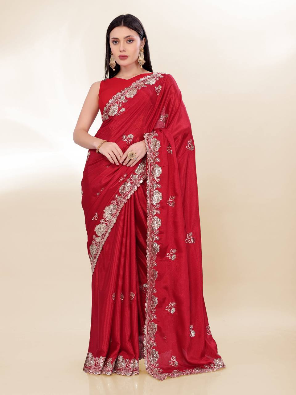 Beautiful Red Chinon Silk Saree Collection.